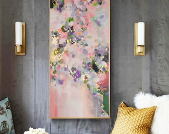 English Lilac & Gold Floral Abstract Fine Art Print, Long Vertical Canvas Print, Gold Leaf Embellished Wall Art, UK artist