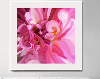 Pink Dahlia Curls Art Print, Large Flower Petals, Bright Happy Colours, Floral Canvas, UK Artist