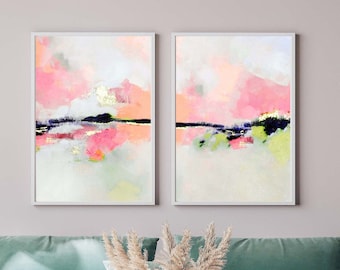 White Lies Set of 2 Prints, Pale Pink Fine Art Abstract Prints, Gold Leaf, Contemporary Modern Pastel Wall Art, UK