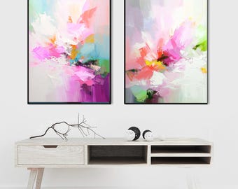 Bright Pink Abstract Giclée Print Set: Blush White Wall Art Decor