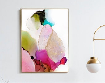 Embellished Aqua Berry Fine Art Print, Pink Aesthetic, Wall Decor, Abstract Painting, Contemporary Wall Art, Gold Leaf
