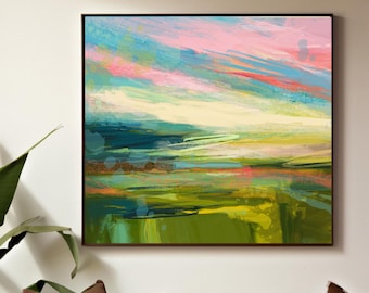 Coral Pink Sky Abstract Print, Olive green Aesthetic, Interior Design, Large Bright Modern Wall Art, UK artist