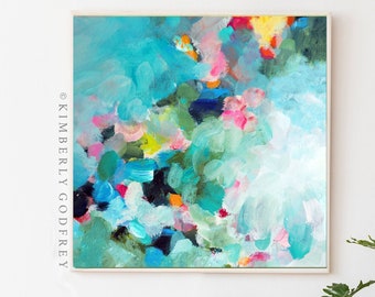 Suffolk Seafoam Acrylic Abstract Art Print, Bright Blue w Silver Leaf Accents, Teal Green Wall Art, UK artist