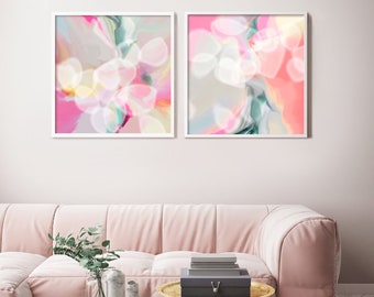 Oxygen Blush Abstract Set of 2 Fine Art Prints, White Interior Design, Light Pink Painting, Grey Wall Art