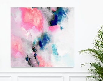 Embellished Indigo Pink Zen Abstract Fine Art Print, Blush White Interior Design, Large Wall Decor, Navy Blue Aesthetic
