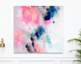 Embellished Indigo Pink Zen Abstract Fine Art Print, Blush White Interior Design, Large Wall Decor, Navy Blue Aesthetic