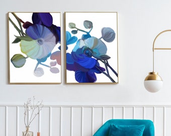 Indigo Blue Orchid Floral Fine Art Abstract Print Set, Jewel Tones, Unique Teal Green Flower Wall Art, UK Artist