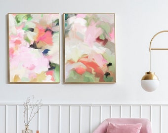 English Gardens Set of Fine Art Prints, Abstract Sage Green Wall Art, Coral Pink Flowers, UK artist