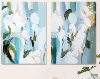 Aquamarine Blue Giclee Print Set - Teal Green Floral Wall Art, Gold Leaf
