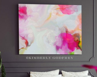 Pink Roses Abstract Fine Art Print, Large Canvas, Beautiful Decor, White Painting, Design, UK artist