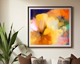 Light Oranges Abstract Fine Art Print, Bright Colourful Oversized Canvas, Home Decor, Floral Wall Art, UK artist