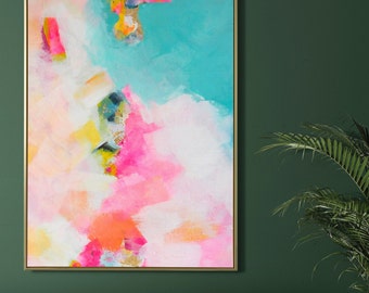 Miami Mint Abstract Fine Art Print, Teal Pink, Gold Leaf, Embellished Art, Interior Design, Wall Decor, Aesthetic UK