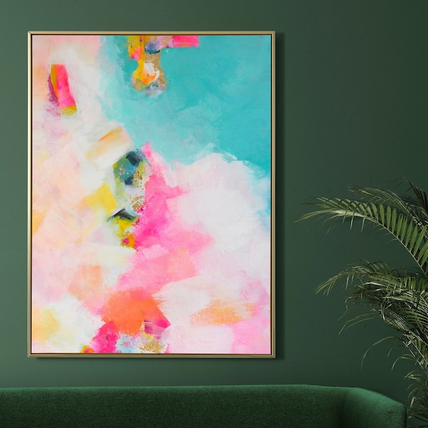 Miami Mint Abstract Fine Art Print, Teal Pink, Gold Leaf, Embellished Art, Interior Design, Wall Decor, Aesthetic UK