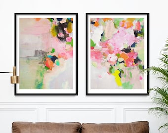 Green Blossom Set of Abstract Art Prints, Soft Coral Peach Aesthetic, Interior Decor Wall Art, UK artist