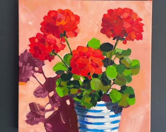 Red Geranium Floral Painting,  Coral Pink Flower Art,  Bright Greens, 16x16"