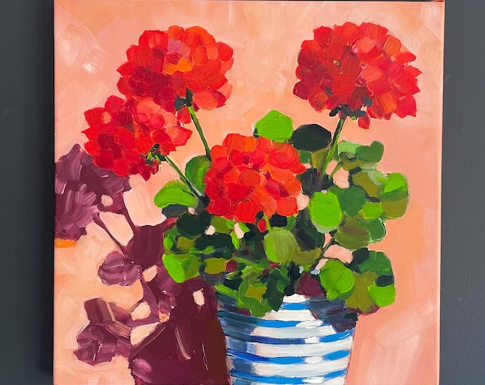 Red Geranium Floral Painting,  Coral Pink Flower Art,  Bright Greens, 16x16"