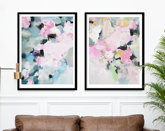 White Cherry Blossoms Abstract Fine Art Print Set, Mint Green, Creamy Pastel Textured Ready to hang Wall Art, UK Artist