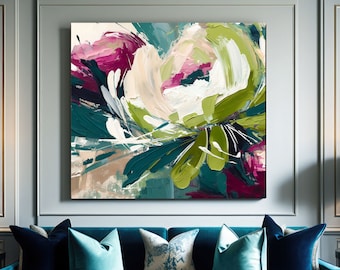 Cream Rose Fine Art Print, Light Pink Abstract Flower Wall Art, Bright Teal Green Floral Painting, White Decor, UK artist
