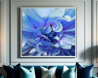 Blue Dahlia Abstract Fine Art Print, Modern Floral Interior Design, Contemporary Blue Aesthetic Wall Art, UK artist