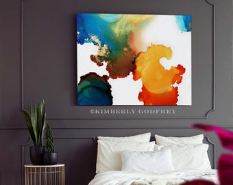 Temperamental Orange Abstract Fine Art Print, Unique Home Decor, Large Teal Green Wall Art, Blue Aesthetic Decor, UK