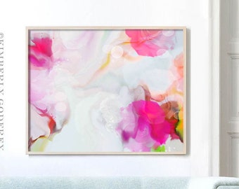 Pink Roses Abstract Fine Art Print, Large Canvas, Beautiful Decor, White Painting, Design, UK artist