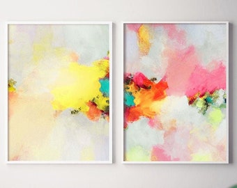 Buttercup Blush Set of Abstract Art Prints, Soft yellow, Coral Peach Room Aesthetic, Interior Decor Wall Art, UK
