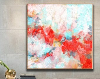 Red Poppy Art Print, Abstract Painting, Retro Red Blue Square, Oversized Wall Art