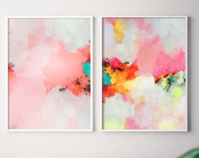 Pink Buttercup Abstract Giclée Art Print Set, Gold Leaf Wall Art