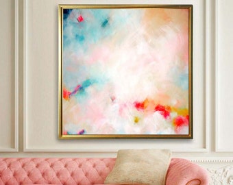 Blush Mint Sky Fine Art Print, Soft White Abstract Contemporary Canvas, Office Decor, Large Embellished Wall Art