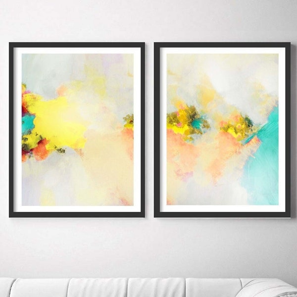 Buttercup Yellow & Turquoise Abstract Art Print Set, Embellished Gold Leaf, Modern Wall Art, Interior Design, UK