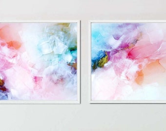 Blush White & Teal Abstract Fine Art Print Set, Interior Design, Soft Pastel Modern Prints, Gold Leaf accents, UK artist