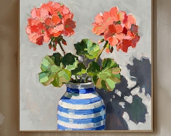 Coral Geranium Art Print: Pale Orange, Pastel Grey Wall Art