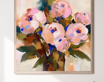 Coral Pink Rose Abstract Print: Pastel Floral with Cobalt Blue Wall Art