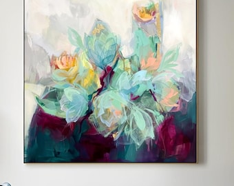 Mint Green Abstract Floral Art Print: Burgundy Plum Decor