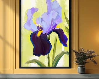 Abstract Purple Iris Fine Art Print, Lime Green Floral Canvas