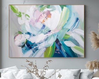 White Winter Rose Abstract Art Print: Pastel Pink Giclee Floral Wall Art, UK Artist