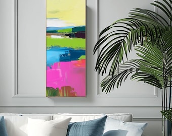 Magenta Landscape Abstract Print: Yellow Sky, Lime Green Wall Art, UK Artist