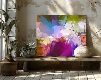 Fuchsia Floral Abstract Fine Art Print, Bright Pink Flower Wall Art, Teal Blue, Olive Green Decor, Pastel Accents, UK artist