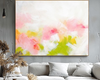 Coral & Lime Abstract Art Print: Light Pastel Colors, Large Textured Canvas
