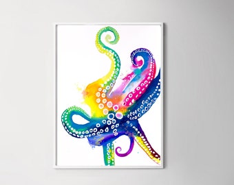 Pink Octopus Abstract Fine Art Print, Bright Colourful Wall Decor, Blue Green Watercolour Art, UK Artist
