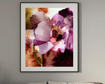 Abstract Burgundy Floral Wall Art Print: Sheer Plum Watercolour, UK Artist