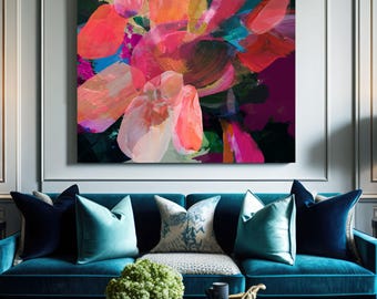 Orange Jewel Floral Abstract Print, Bright Colourful Modern Wall Art, Bright Pink  Painting, Flower Canvas Print, UK artist