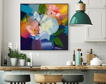 Yellow Orange Floral Abstract Fine Art Print, Bright Blue Wall Art, Teal Green Decor, Light Pink  Accents, UK artist
