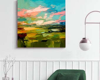Olive Green Abstract Fine Art Print, Pastel Pink Wall Art, Sage Green, Light Ecru Clouds, UK artist