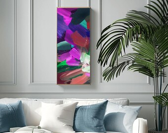 Deep Magenta Floral Abstract Art Print, Narrow Canvas, Coral Pink, Teal Blue Decor, Sage Green Vertical Wall Art UK
