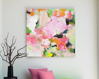 Summer Blush Roses Abstract Fine Art Print, Bright Pink Floral Leaves, Textured Colourful Canvas Wall Decor, UK artist