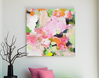 Pistachio Blossom Abstract Fine Art Print, Bright Floral Leaves, Textured Colourful Canvas Wall Decor, UK artist