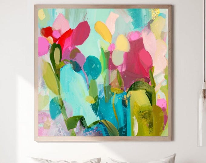 Featured listing image: Seafoam Abstract Art Print: Olive Green Accents, Hot Pink Floral Wall Art