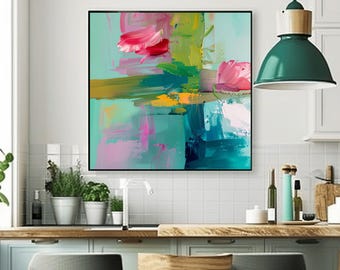 Turquoise Abstract Art Print: Mid-Century Teal Interior Design, UK Artist