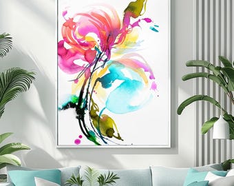 Coral Pink Abstract Floral Art Print: Watercolour Flower Wall Decor